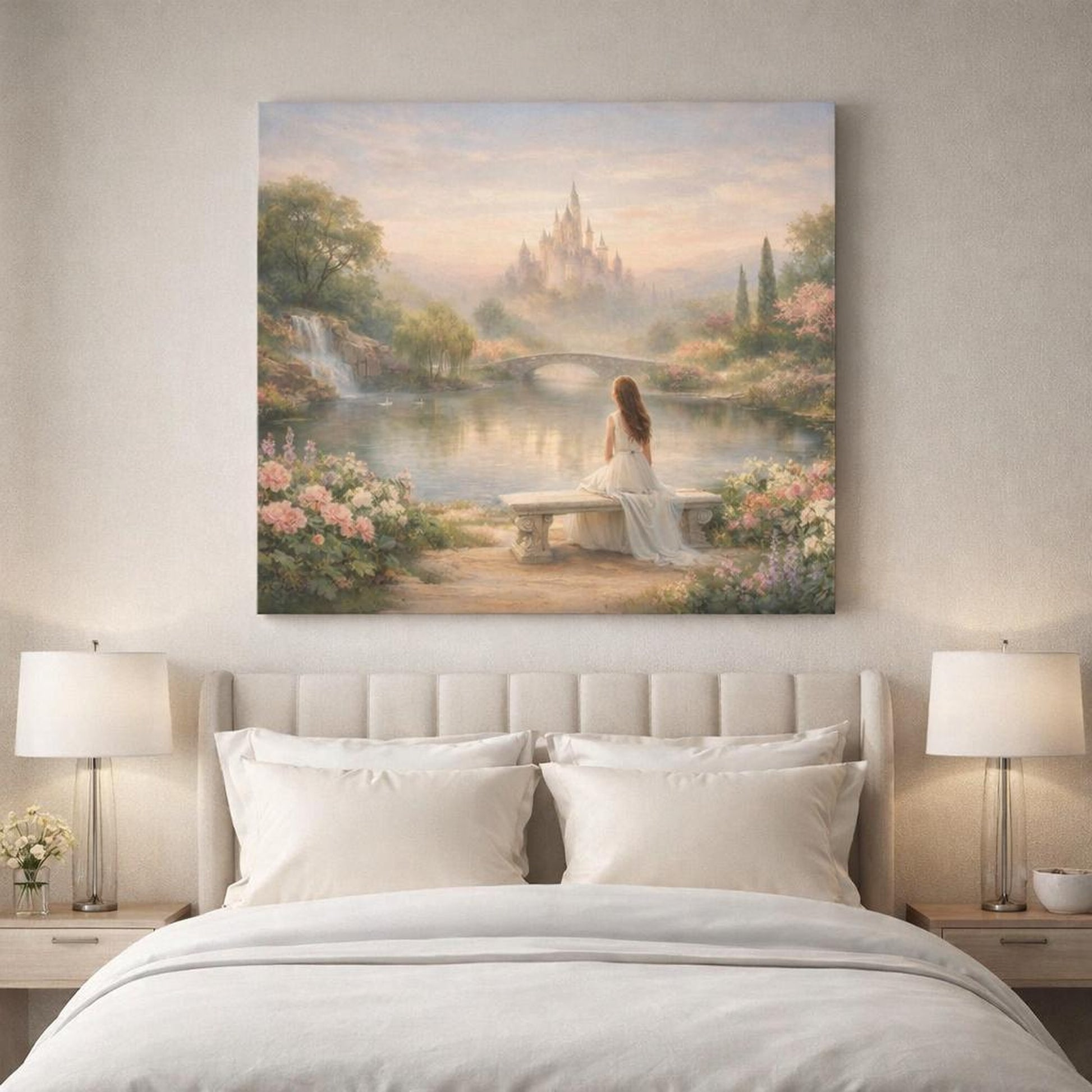Soft Dreamscape Garden Landscape shown as canvas wall art in a refined dining room