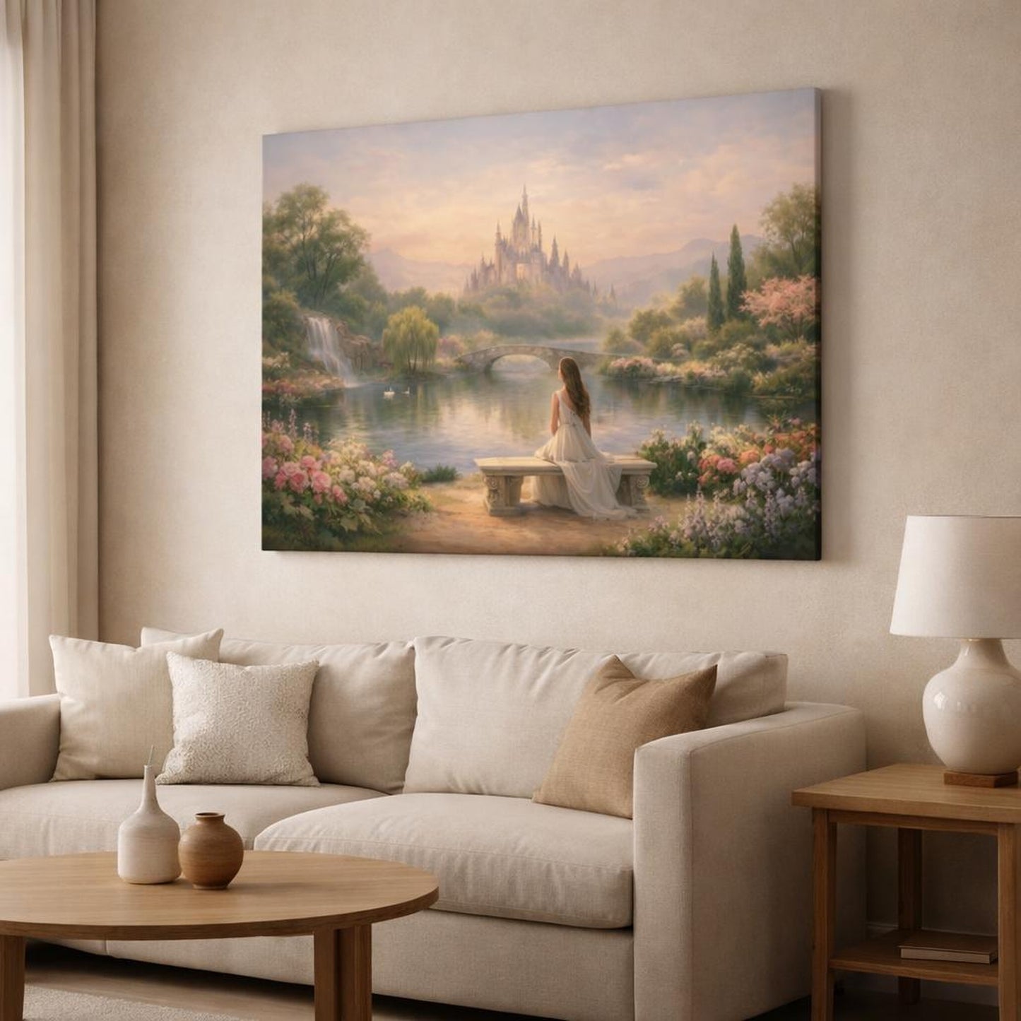 Soft Dreamscape Garden Landscape shown as canvas wall art in a modern living room