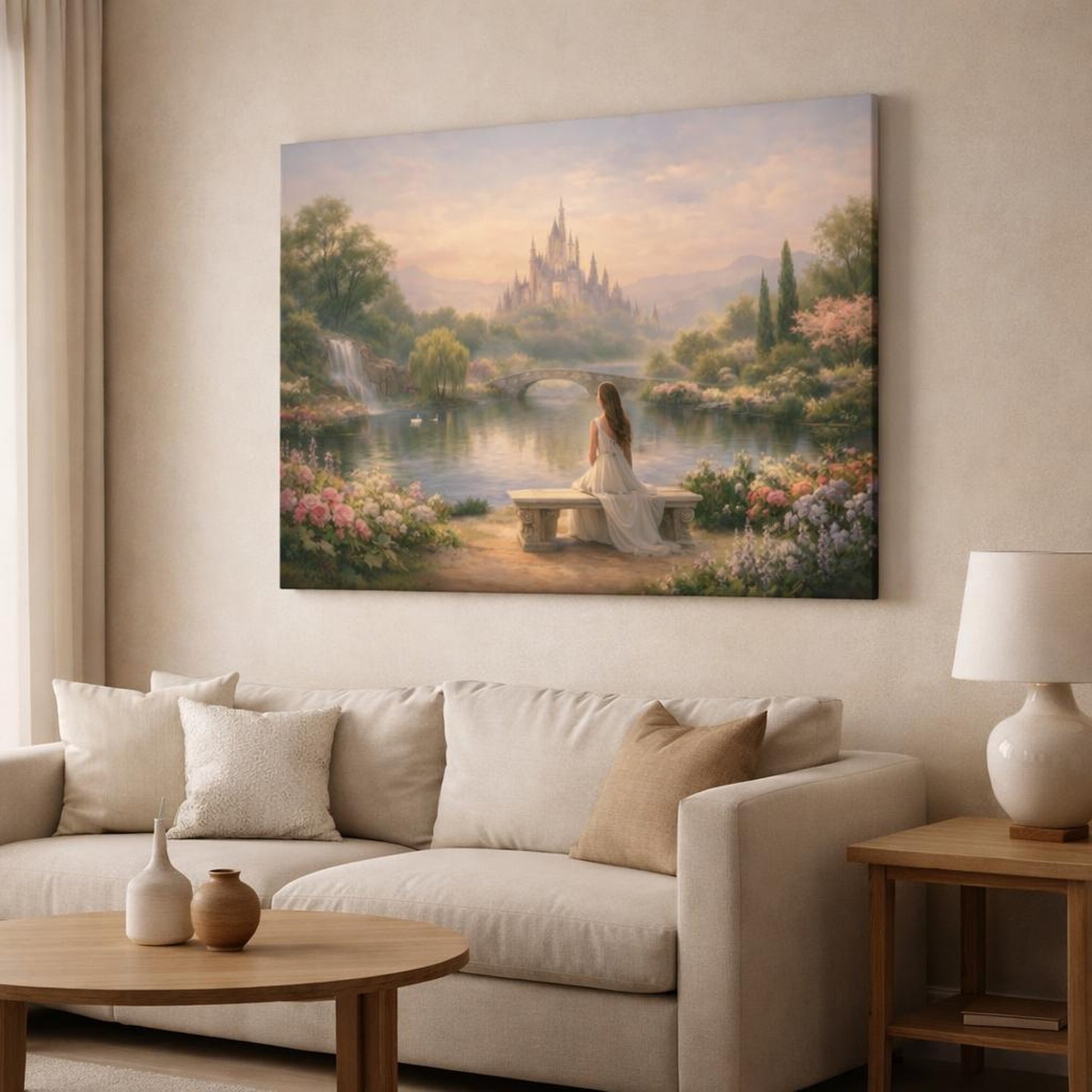 Soft Dreamscape Garden Landscape shown as canvas wall art in a modern living room