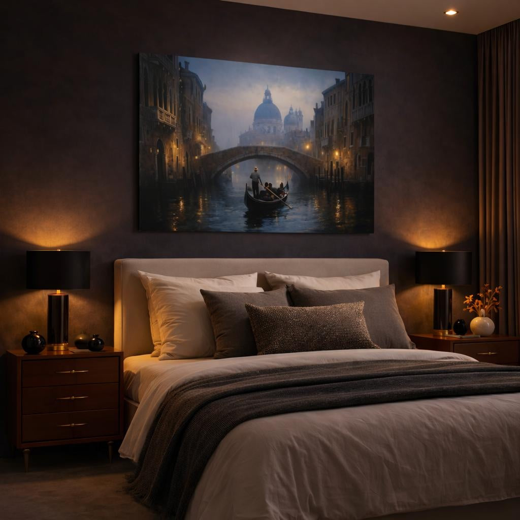 Soft Dreamscape Gondola Canal shown as canvas wall art in a luxury bedroom