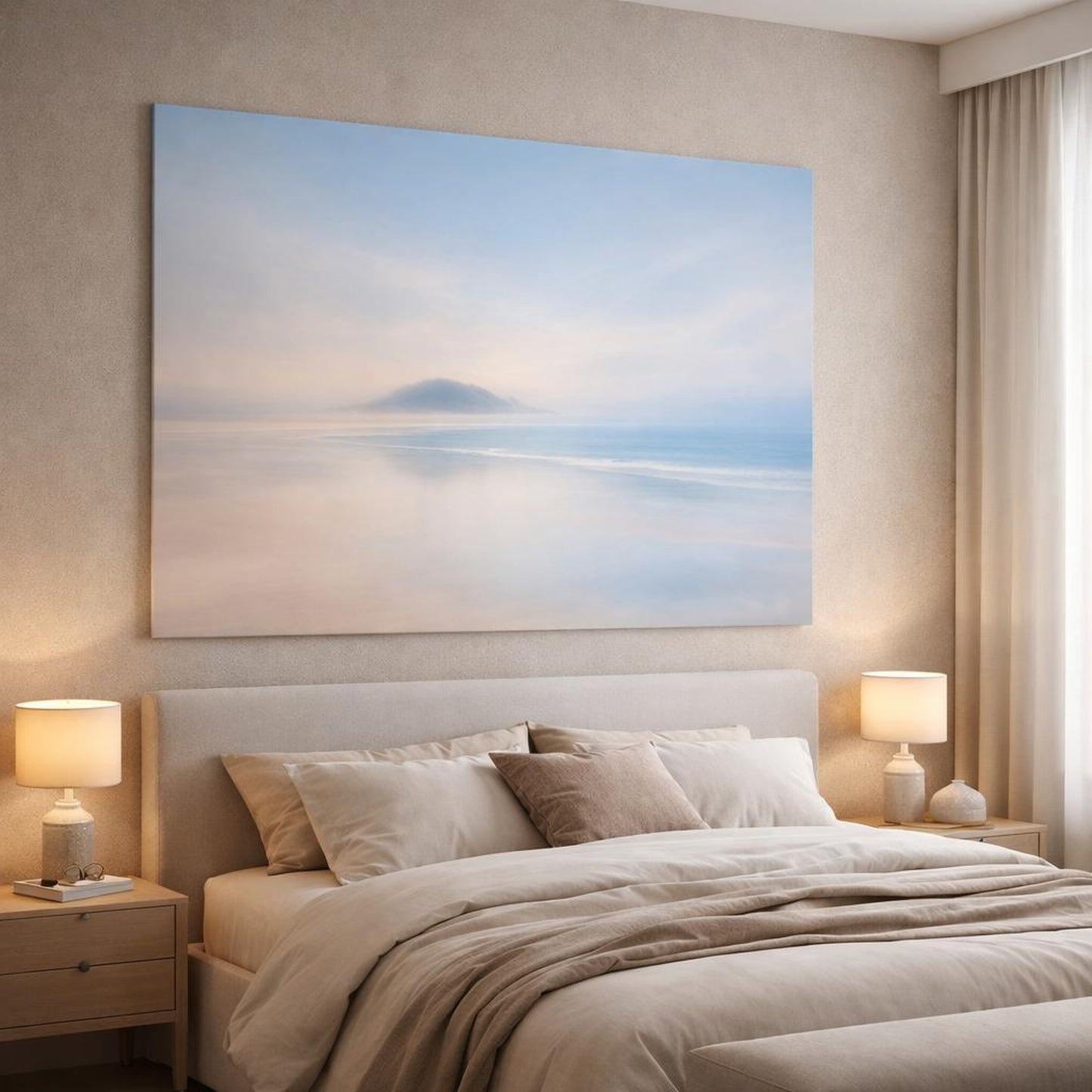 Soft Dreamscape Landscape Beach shown as canvas wall art in a luxury bedroom