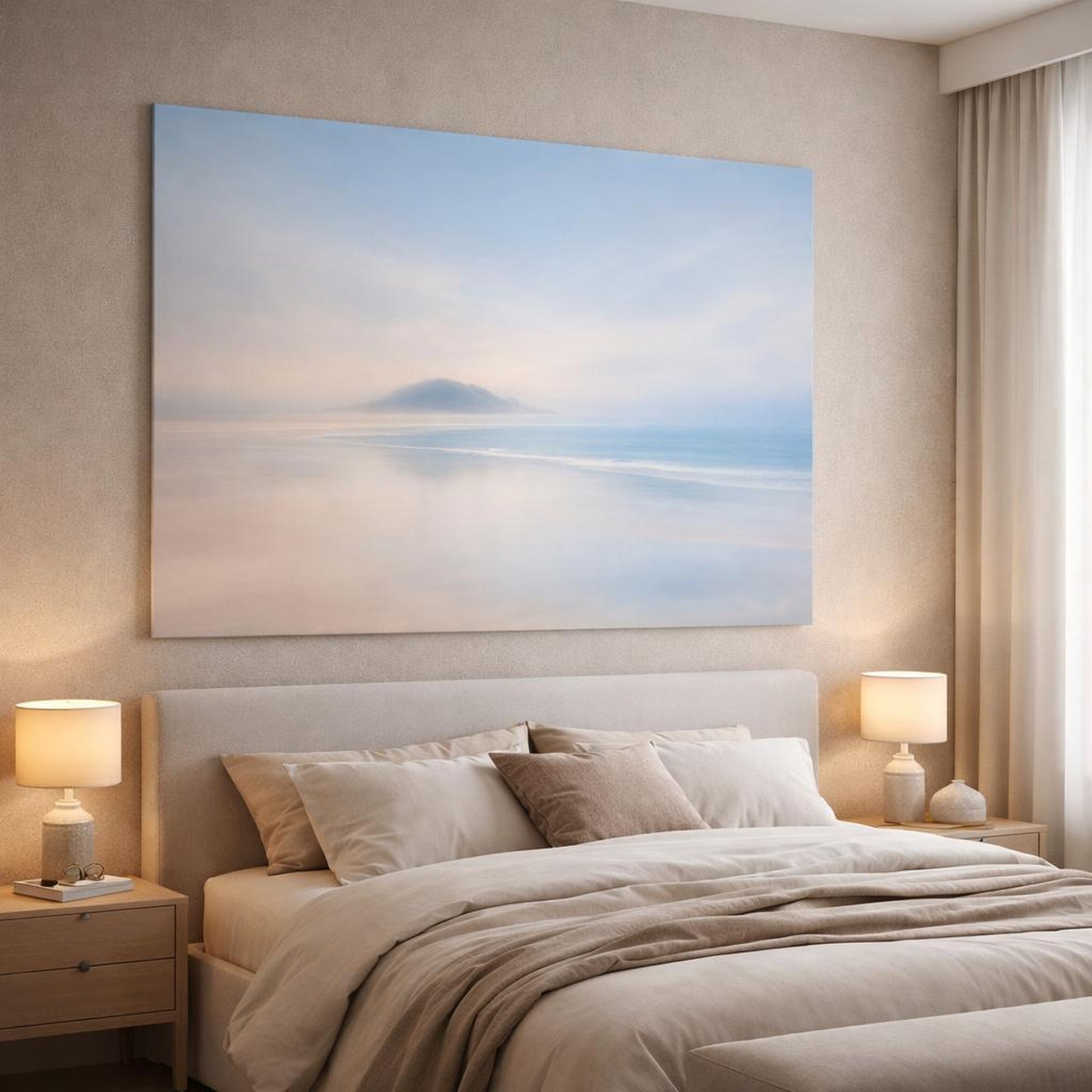Soft Dreamscape Landscape Beach shown as canvas wall art in a luxury bedroom