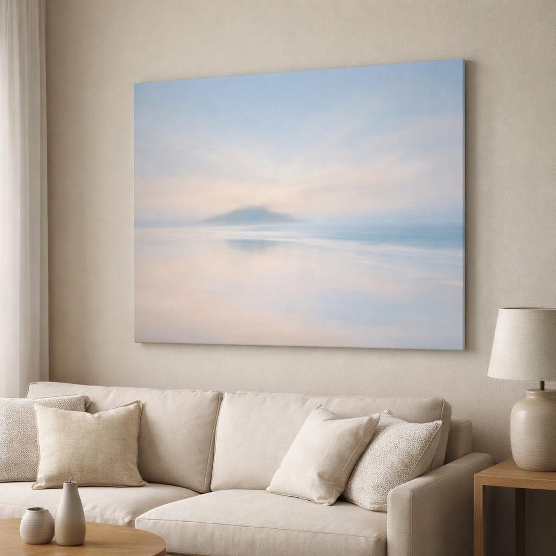 Soft Dreamscape Landscape Beach shown as canvas wall art in a modern living room