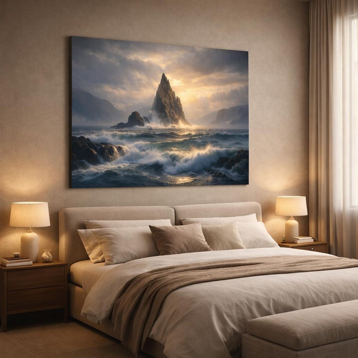 Soft Dreamscape Seascape Dramatic shown as canvas wall art in a luxury bedroom