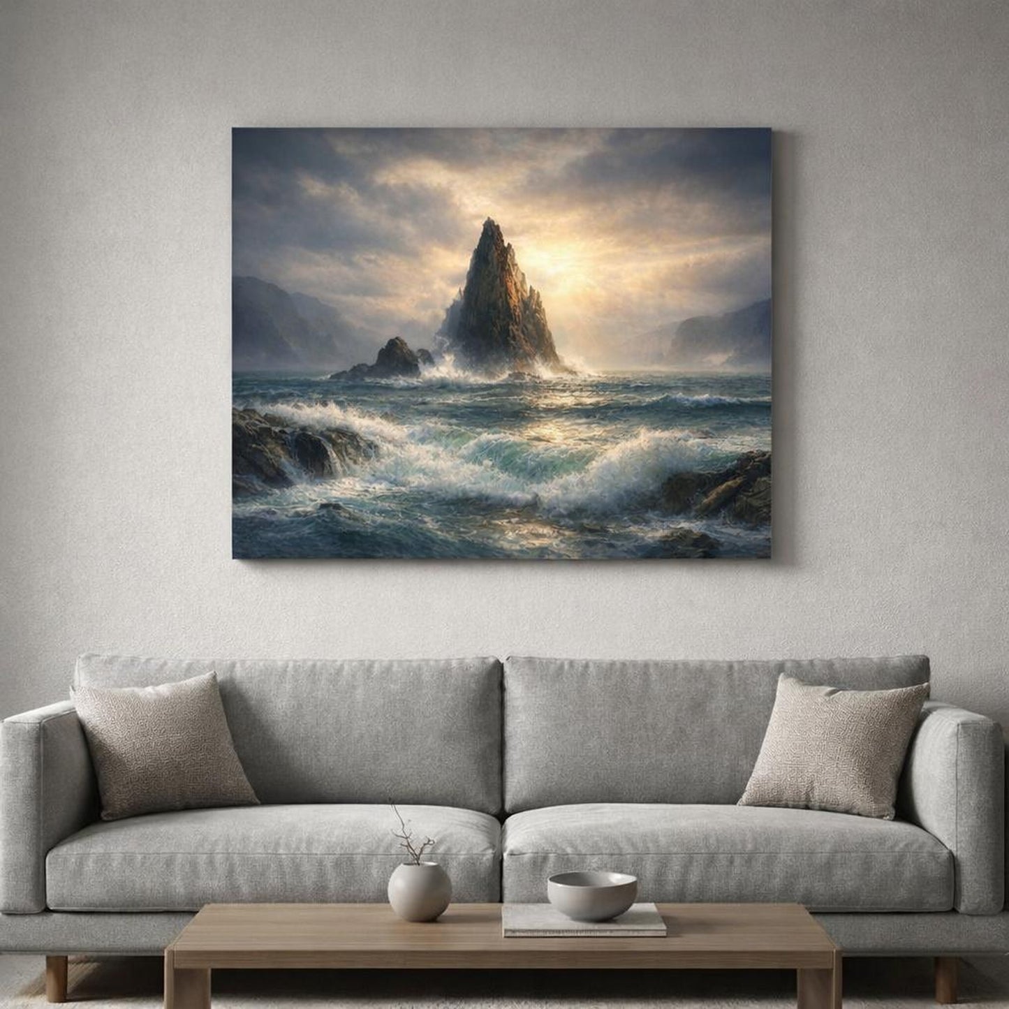 Soft Dreamscape Seascape Dramatic shown as canvas wall art in a refined dining room