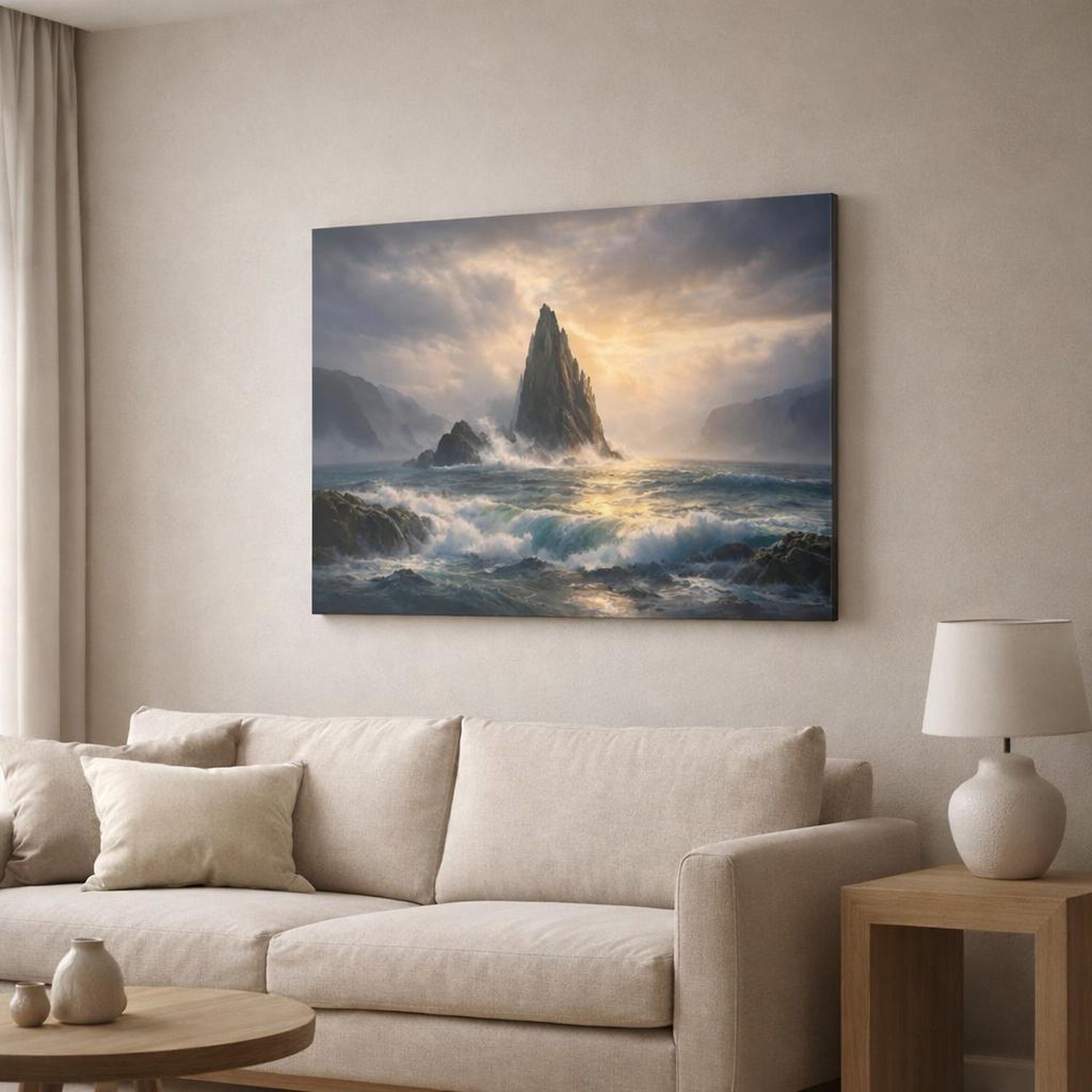 Soft Dreamscape Seascape Dramatic shown as canvas wall art in a modern living room