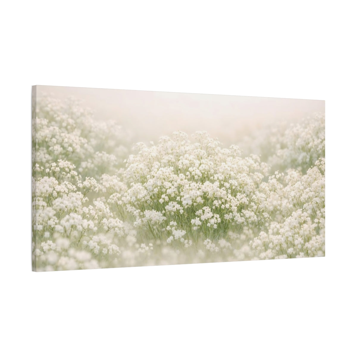 Side Mockup 1. Floral White Flowers White Floral shown as stretched canvas wall art
