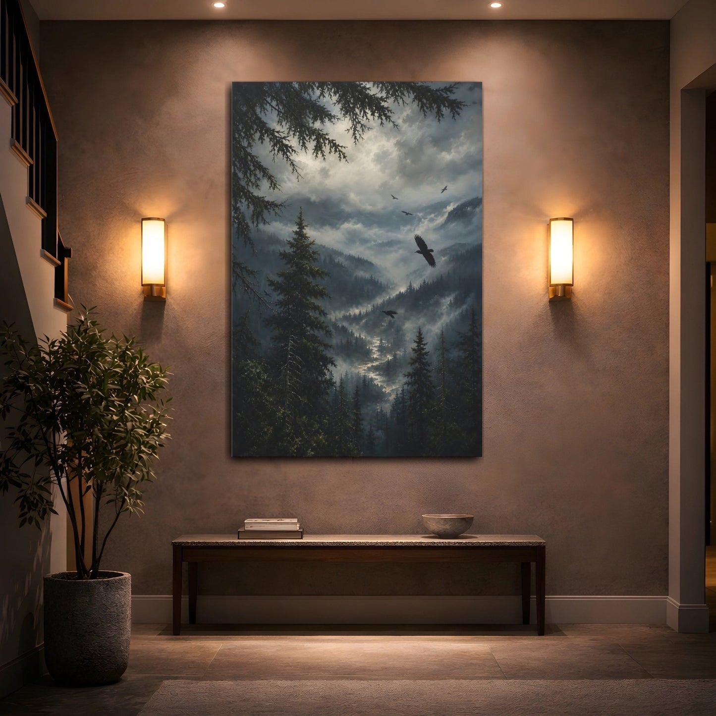 Soft Foggy Forest Oil Study Ravens Canvas Print – realistic Living Room, Above Sofa - YesArtYes