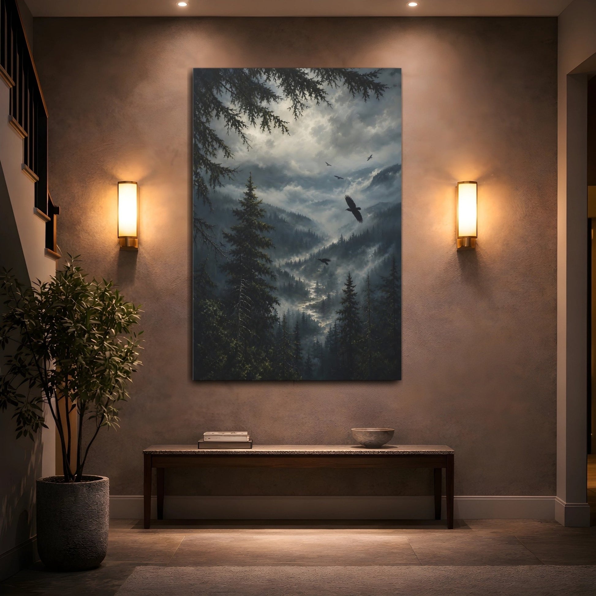 Soft Foggy Forest Oil Study Ravens Canvas Print – realistic Living Room, Above Sofa - YesArtYes