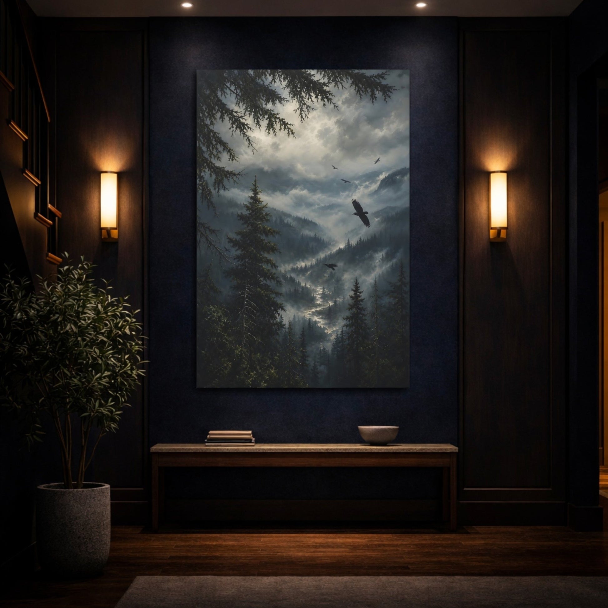 Soft Foggy Forest Oil Study Ravens Canvas Print – realistic Living Room, Above Sofa - YesArtYes