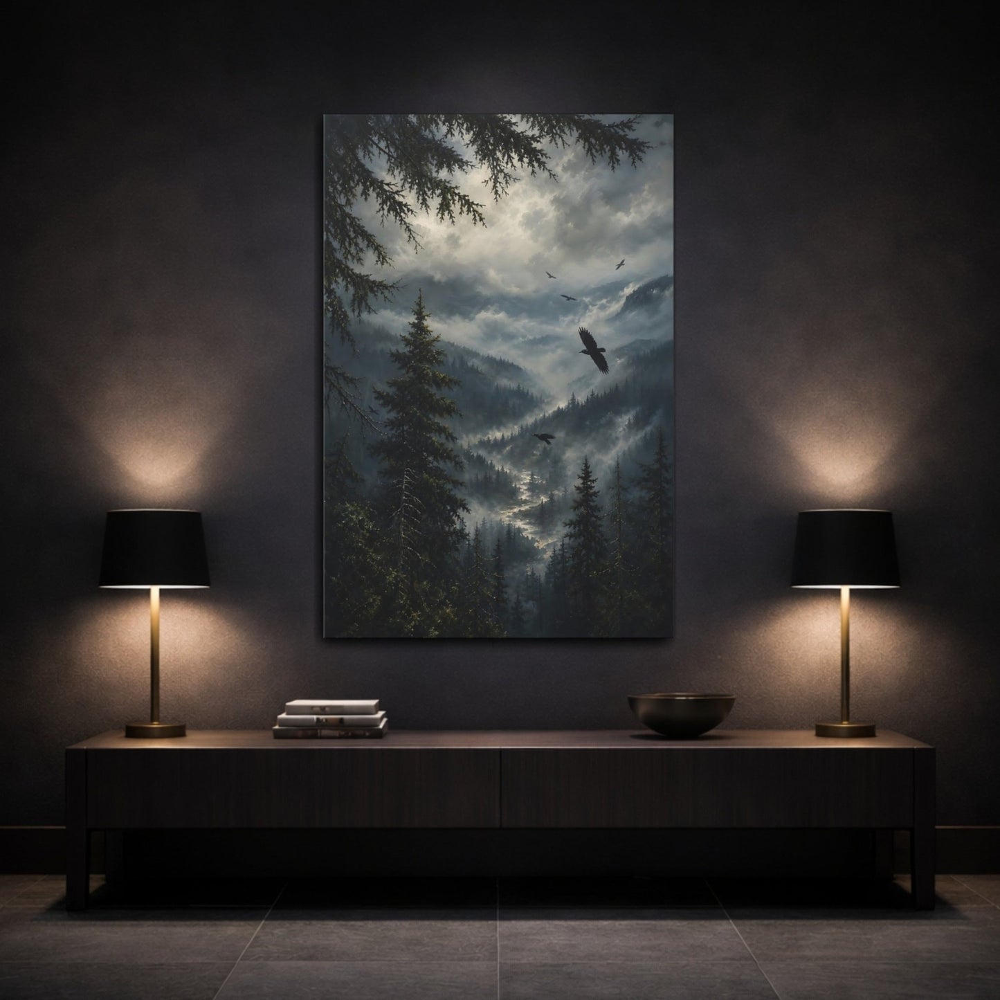 Soft Foggy Forest Oil Study Ravens Canvas Print – realistic Living Room, Above Sofa - YesArtYes