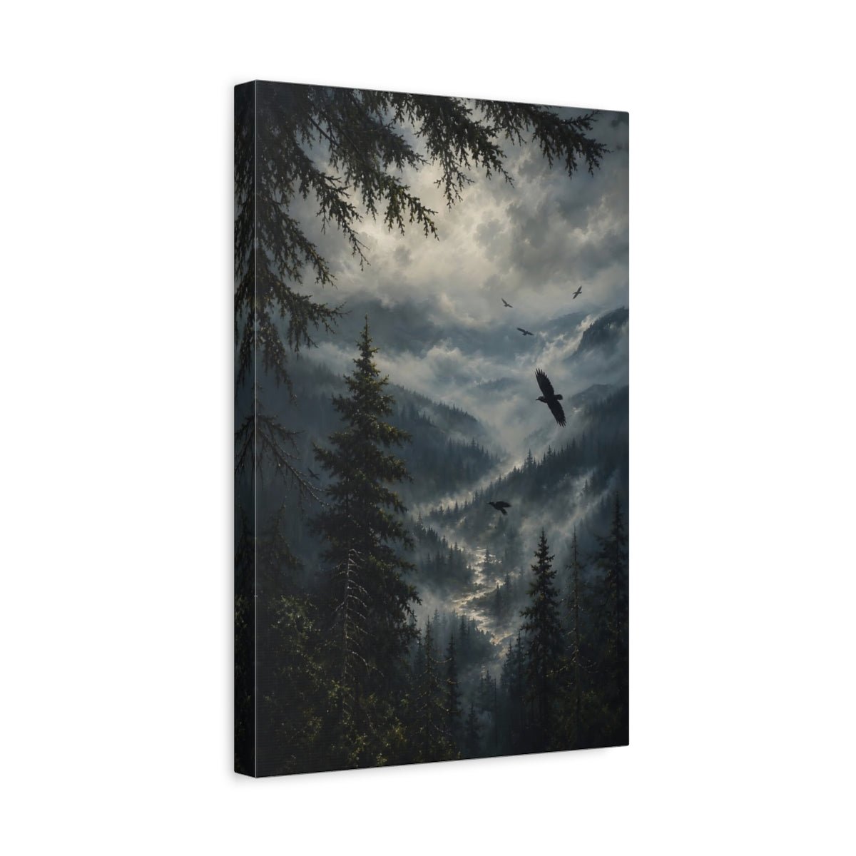 Soft Foggy Forest Oil Study Ravens Canvas Print – realistic Living Room, Above Sofa - YesArtYes