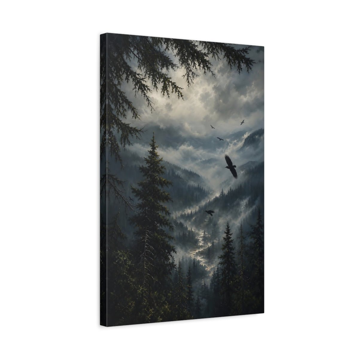 Soft Foggy Forest Oil Study Ravens Canvas Print – realistic Living Room, Above Sofa - YesArtYes