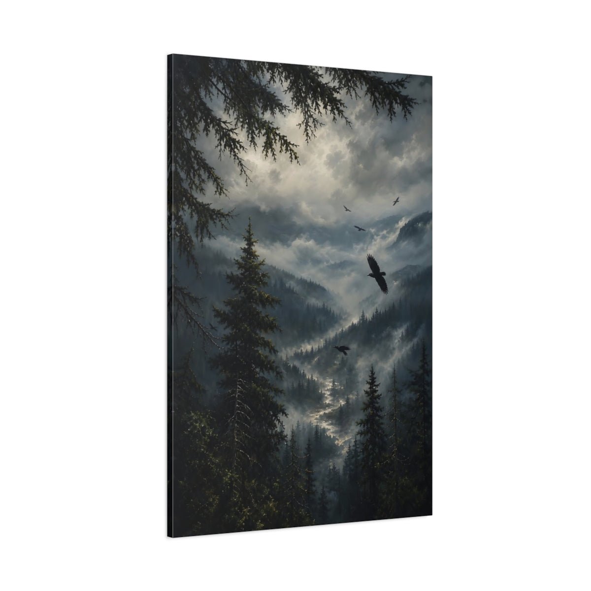 Soft Foggy Forest Oil Study Ravens Canvas Print – realistic Living Room, Above Sofa - YesArtYes