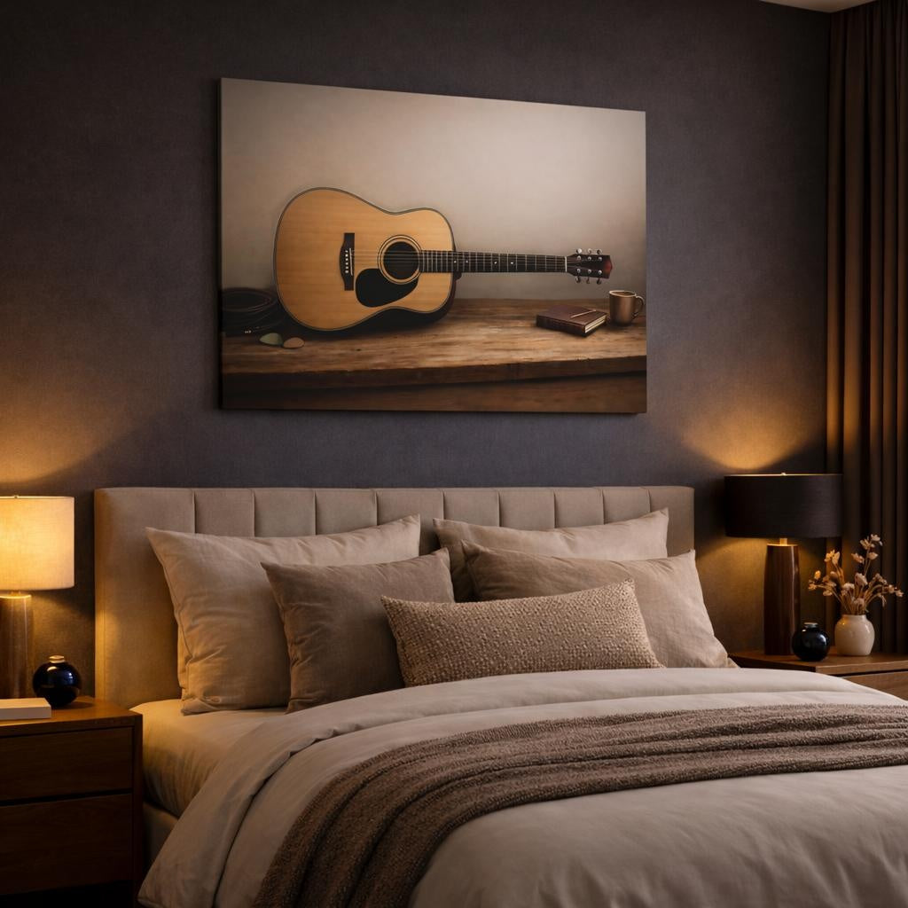 Soft Matte Acoustic Guitar shown as canvas wall art in a luxury bedroom