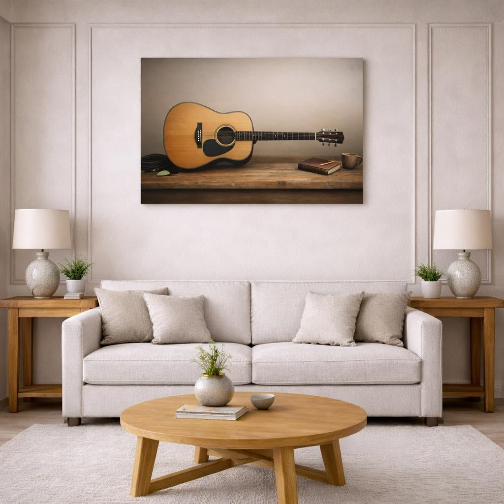 Soft Matte Acoustic Guitar shown as canvas wall art in a modern living room