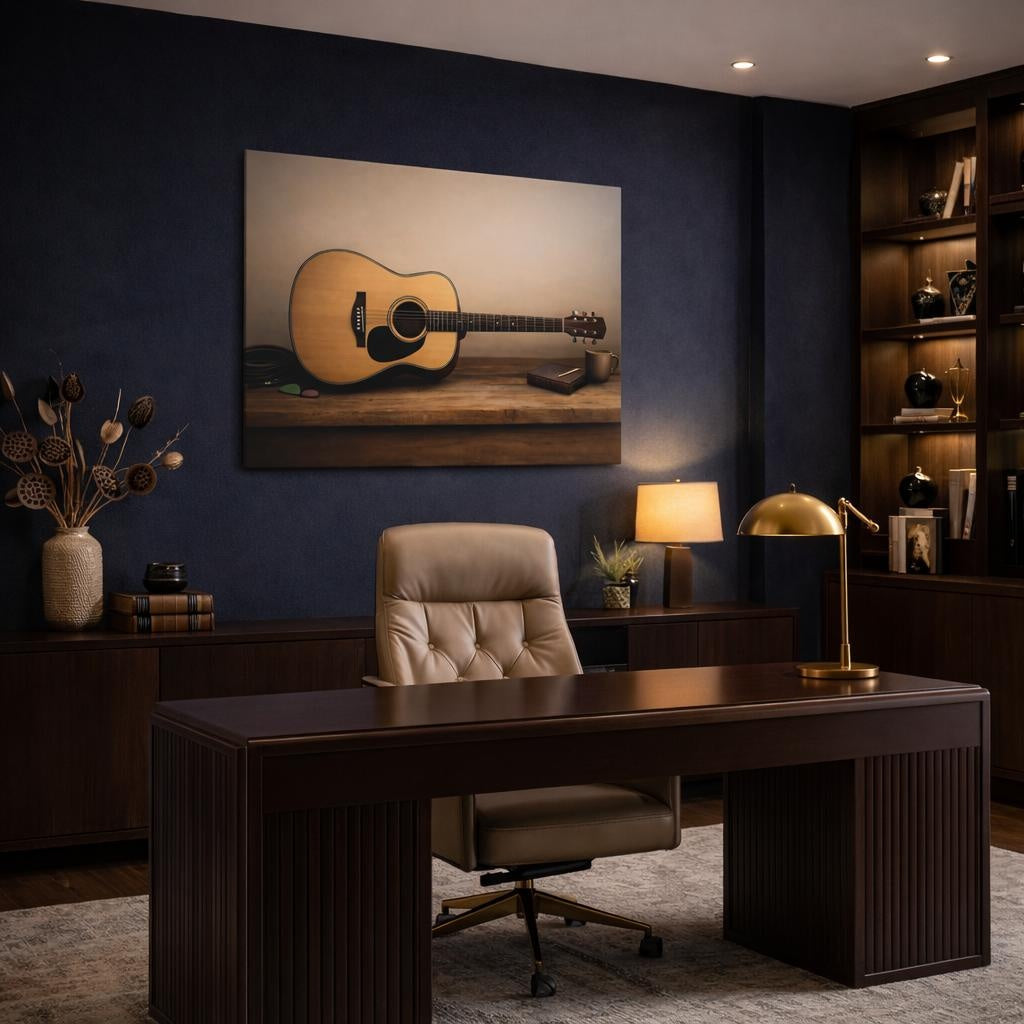 Soft Matte Acoustic Guitar shown as canvas wall art in a refined dining room