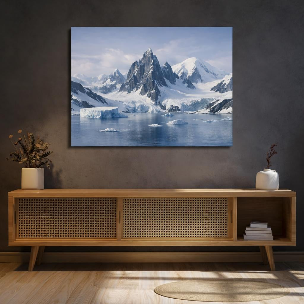 Soft Matte Antarctic Mountains shown as canvas wall art in a refined dining room