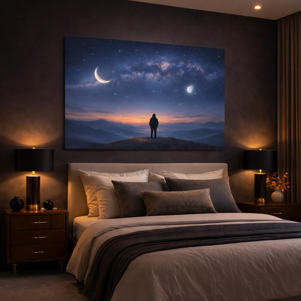 Soft Matte Astral Sky shown as canvas wall art in a luxury bedroom