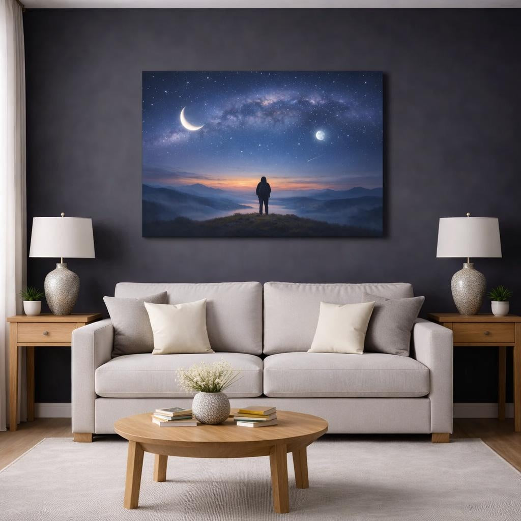Soft Matte Astral Sky shown as canvas wall art in a modern living room