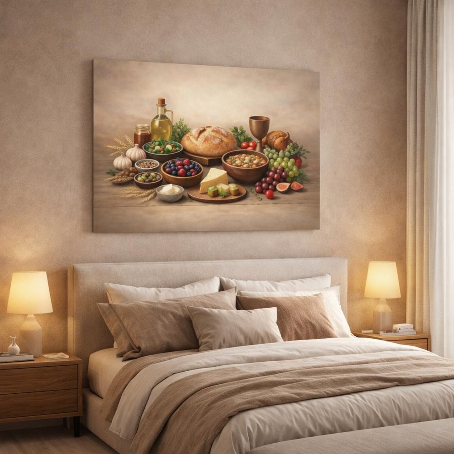 Soft Matte Bless Food shown as canvas wall art in a luxury bedroom