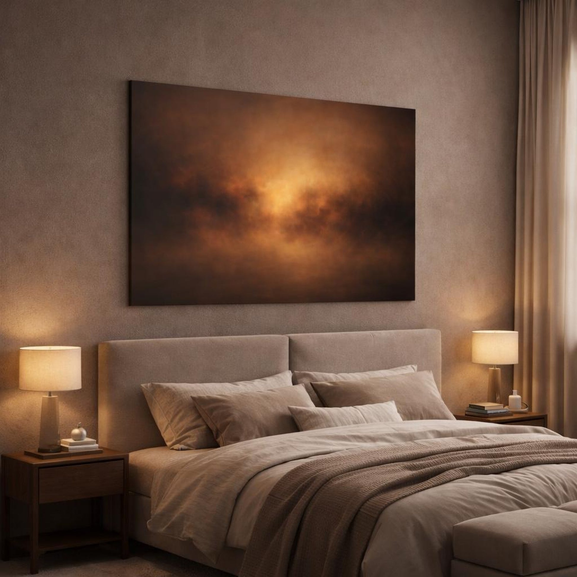 Soft Matte Dark Whiskey shown as canvas wall art in a luxury bedroom