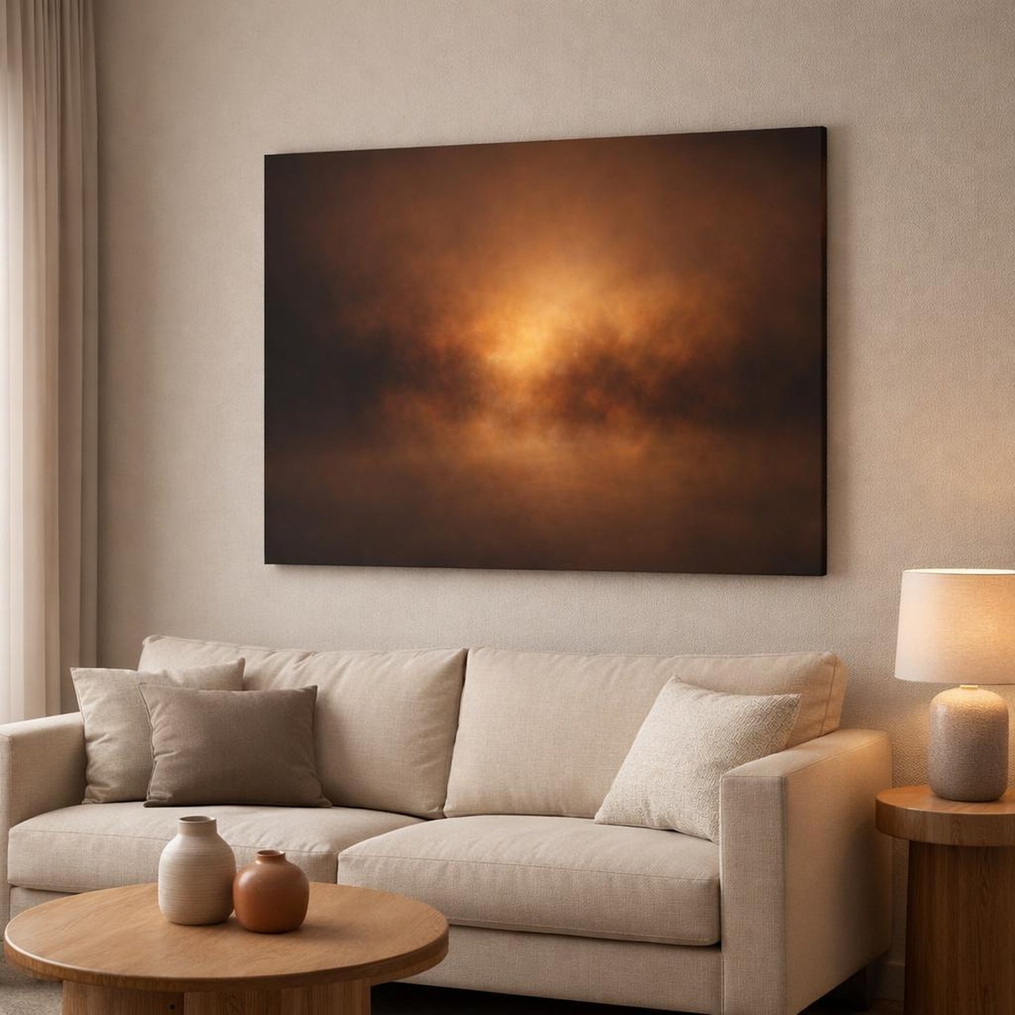 Soft Matte Dark Whiskey shown as canvas wall art in a modern living room