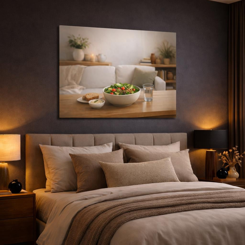 Soft Matte Eat Well shown as canvas wall art in a luxury bedroom