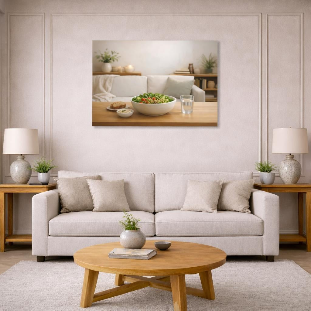 Soft Matte Eat Well shown as canvas wall art in a modern living room
