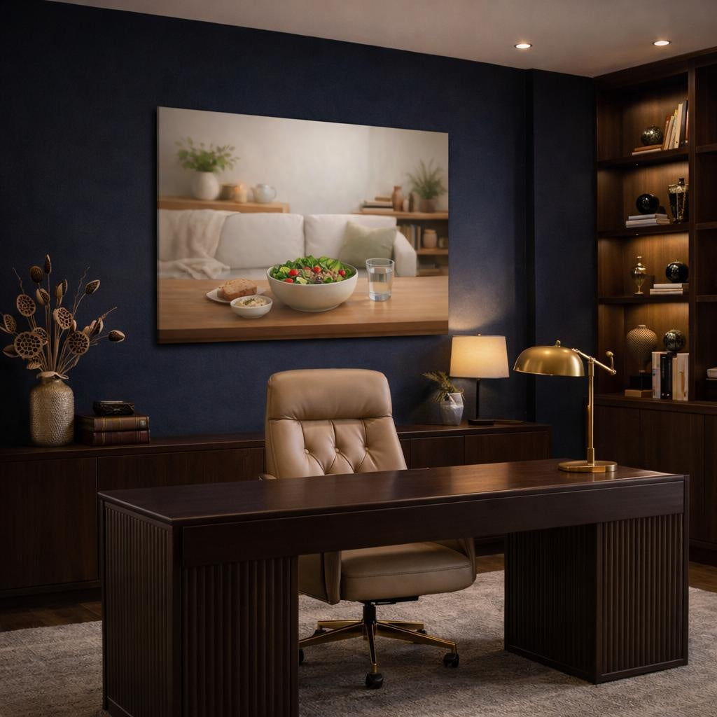 Soft Matte Eat Well shown as canvas wall art in a refined dining room