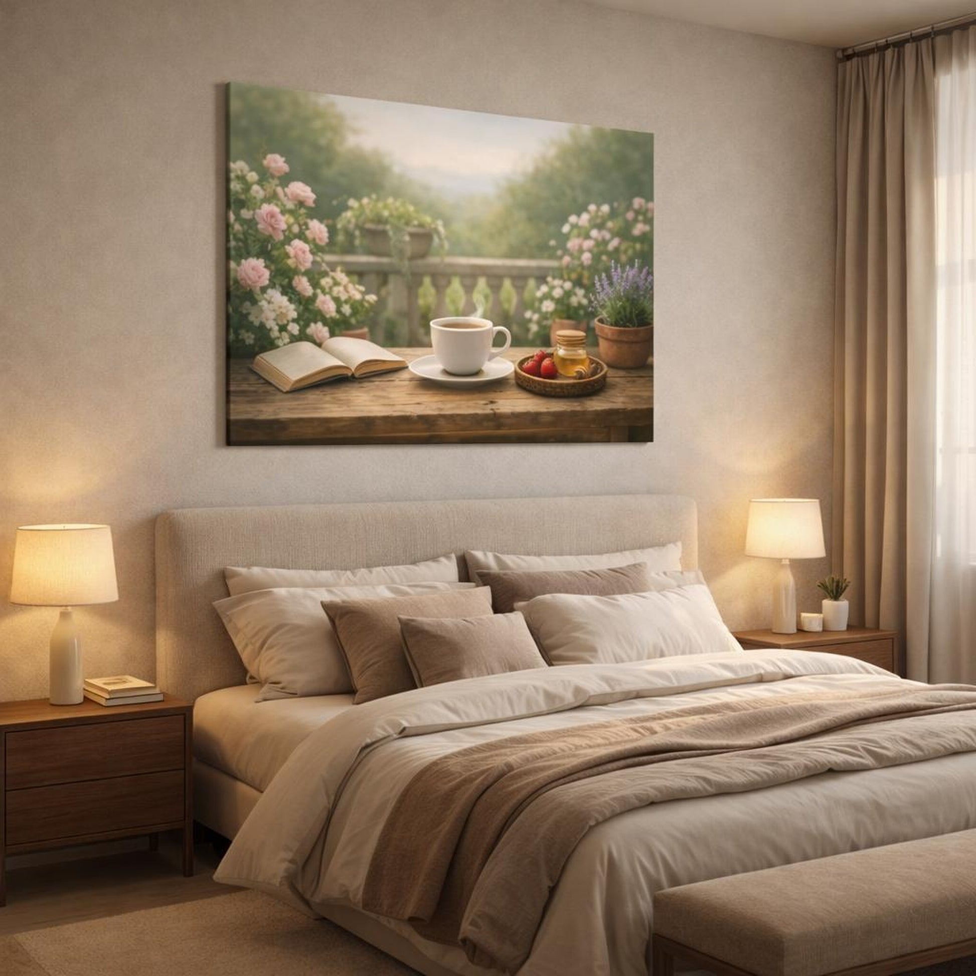 Soft Matte Garden Terrace shown as canvas wall art in a luxury bedroom
