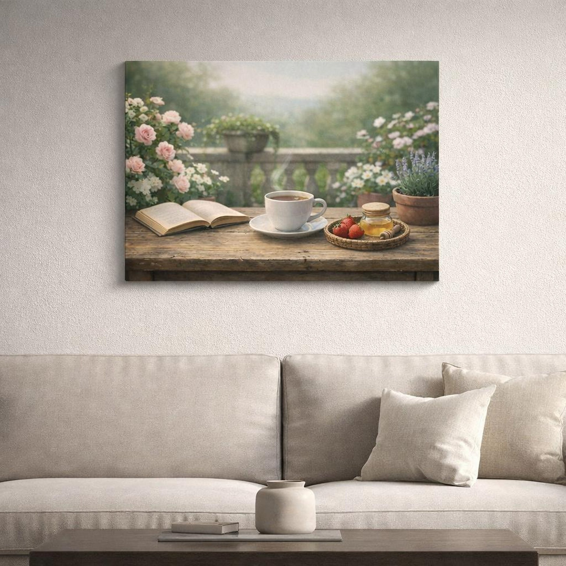 Soft Matte Garden Terrace shown as canvas wall art in a refined dining room