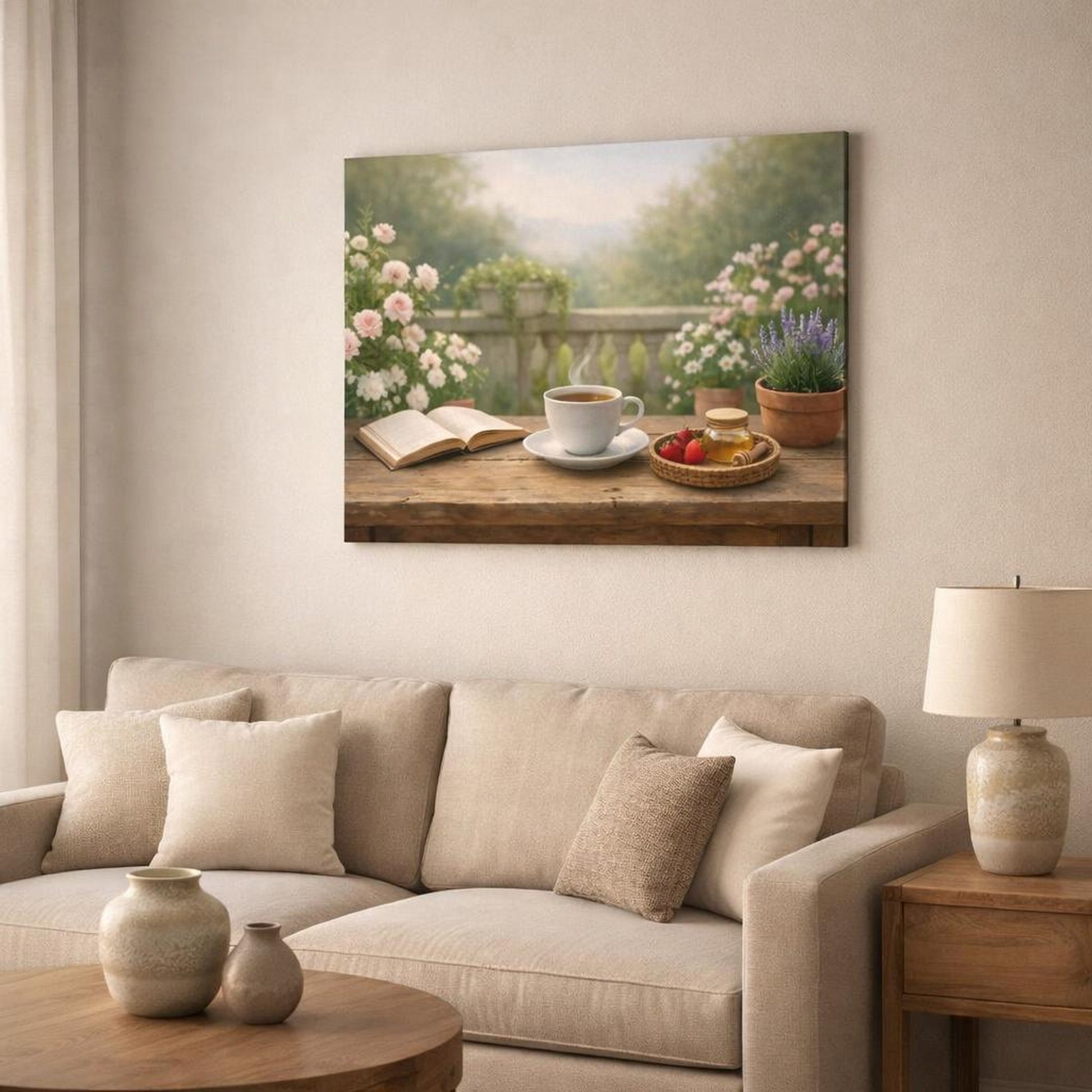 Soft Matte Garden Terrace shown as canvas wall art in a modern living room