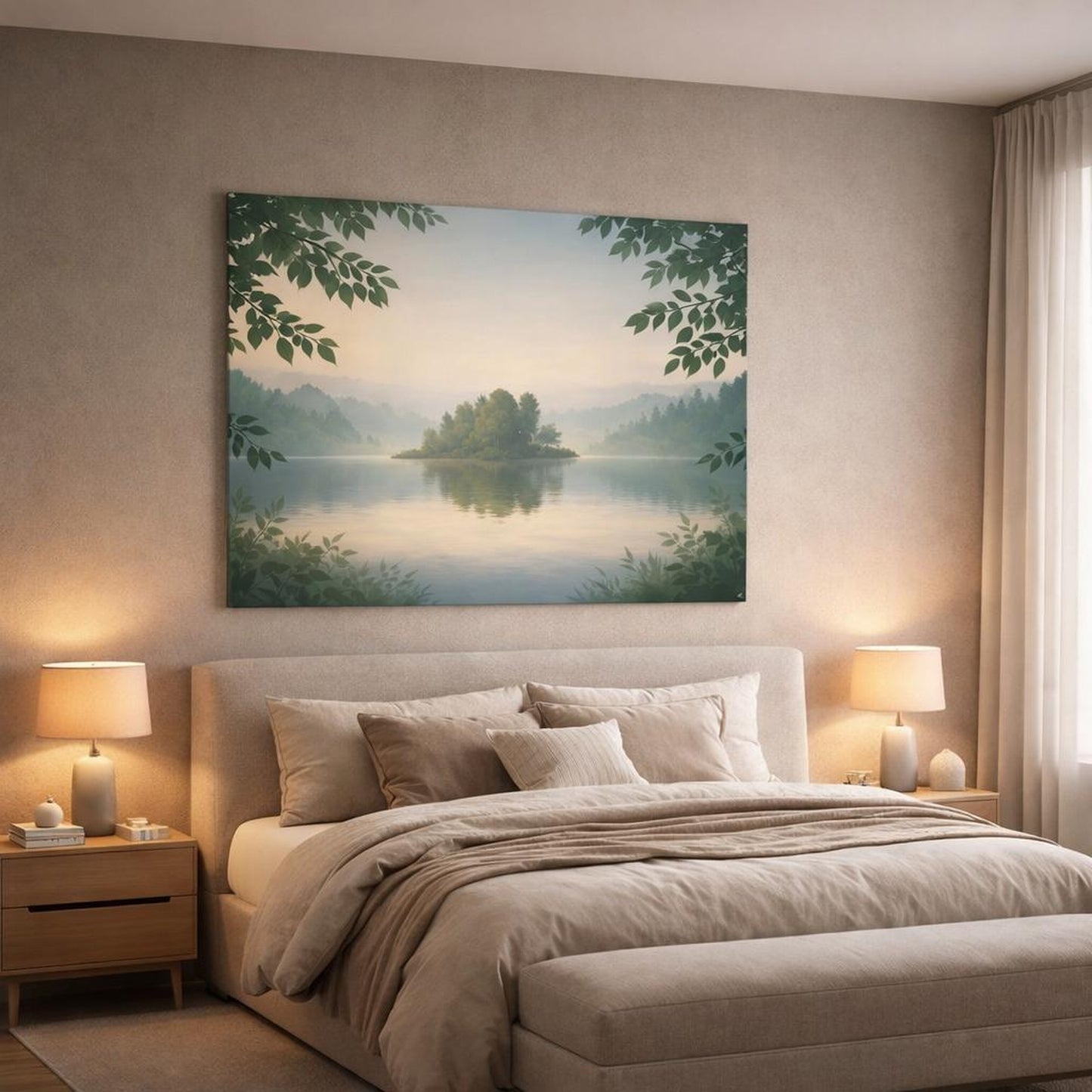 Soft Matte Leaves Foliage shown as canvas wall art in a luxury bedroom