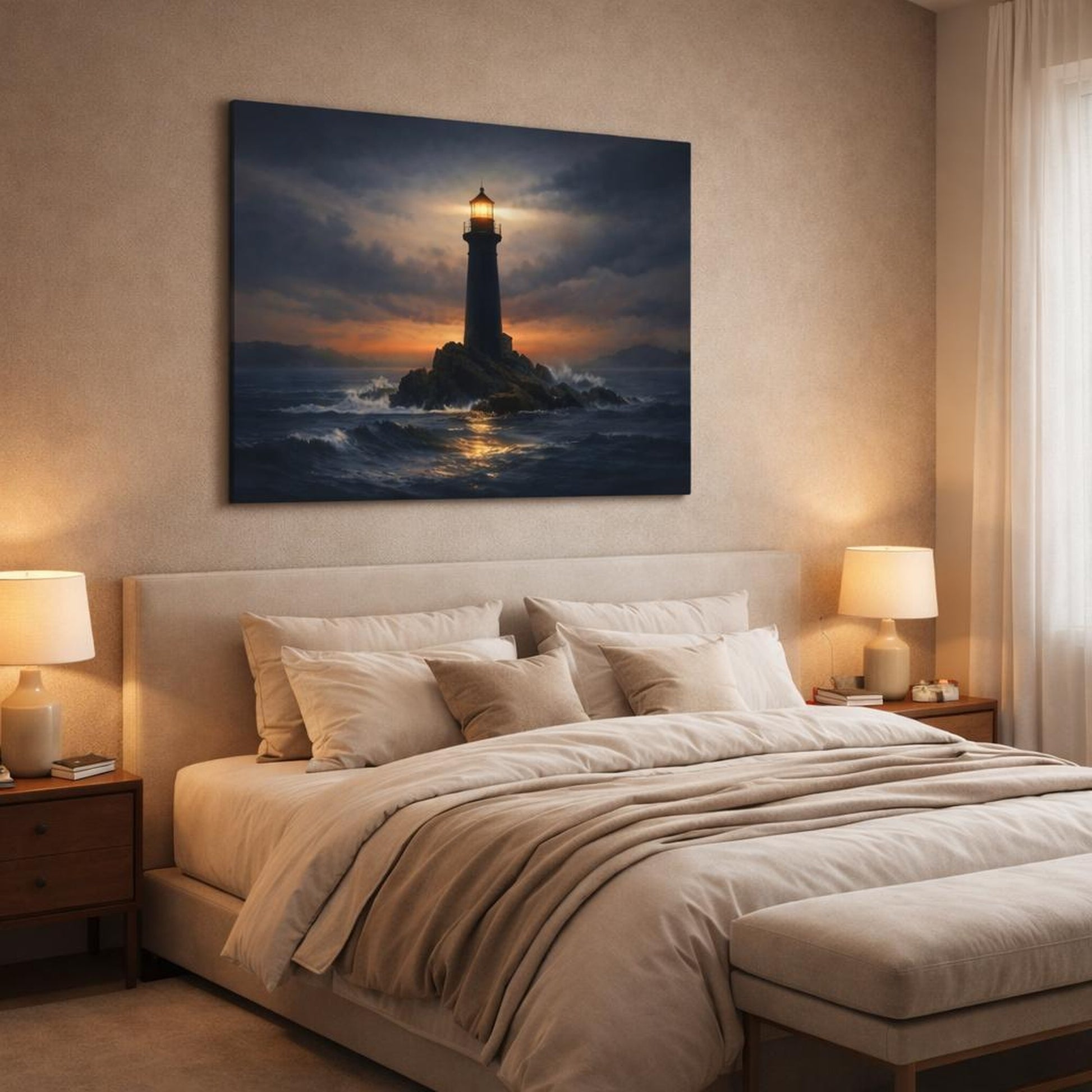 Soft Matte Ocean Lighthouse shown as canvas wall art in a luxury bedroom
