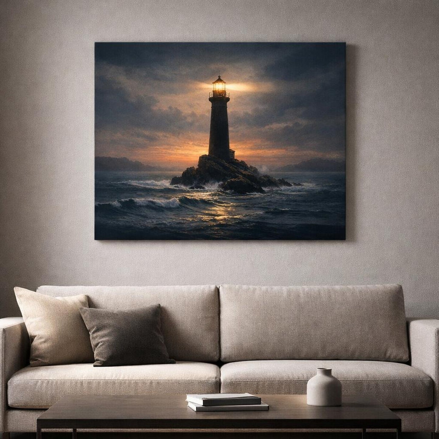 Soft Matte Ocean Lighthouse shown as canvas wall art in a refined dining room