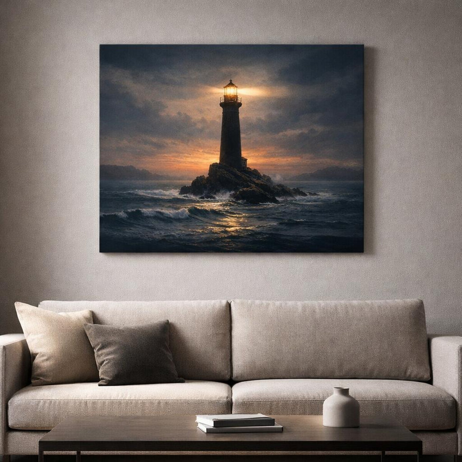 Soft Matte Ocean Lighthouse shown as canvas wall art in a refined dining room