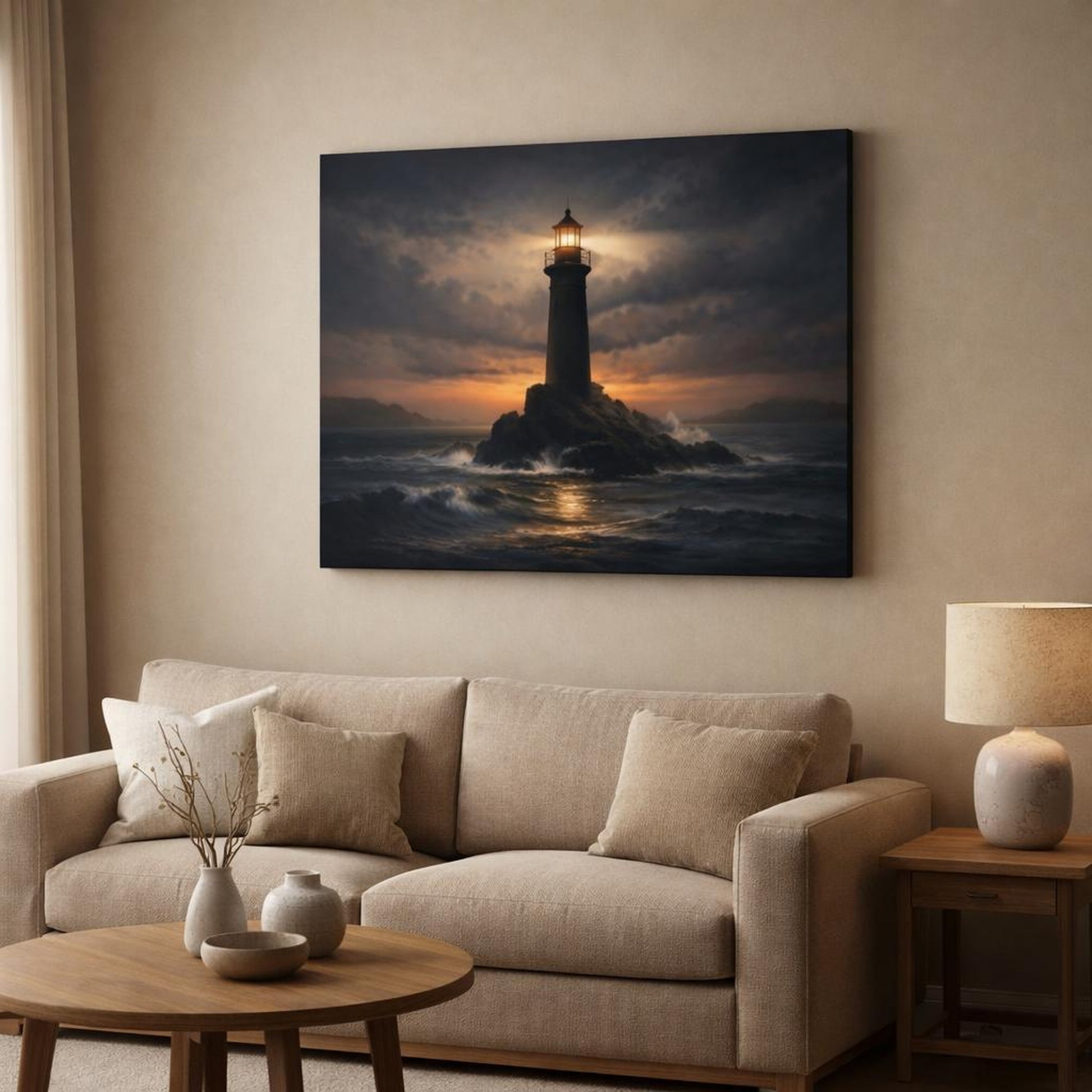 Soft Matte Ocean Lighthouse shown as canvas wall art in a modern living room
