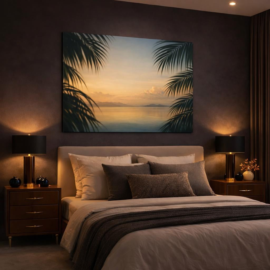 Soft Matte Palm Leaves shown as canvas wall art in a luxury bedroom
