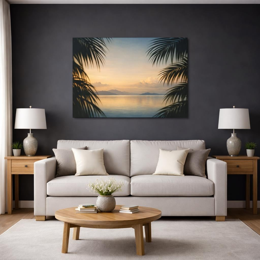 Soft Matte Palm Leaves shown as canvas wall art in a modern living room