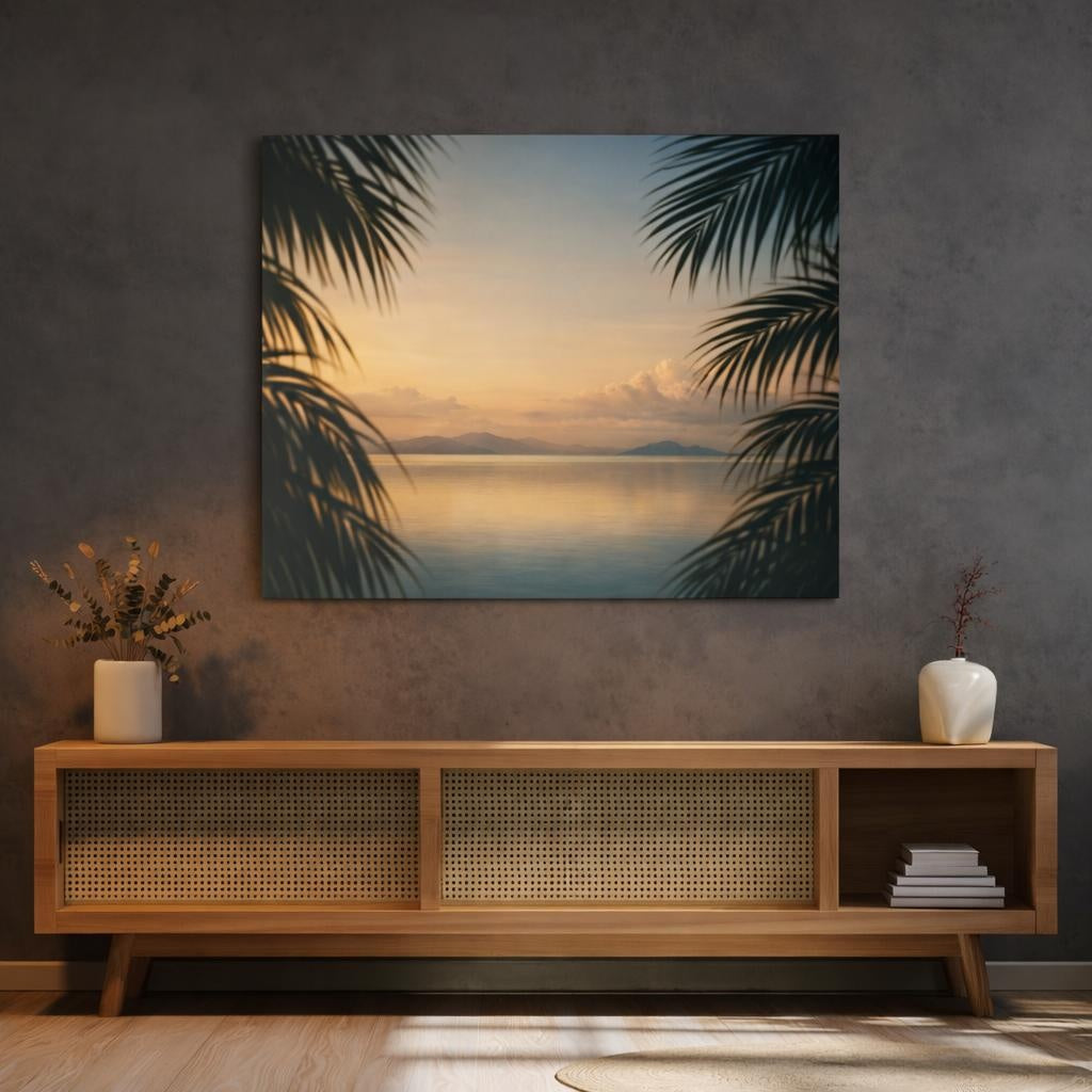 Soft Matte Palm Leaves shown as canvas wall art in a refined dining room