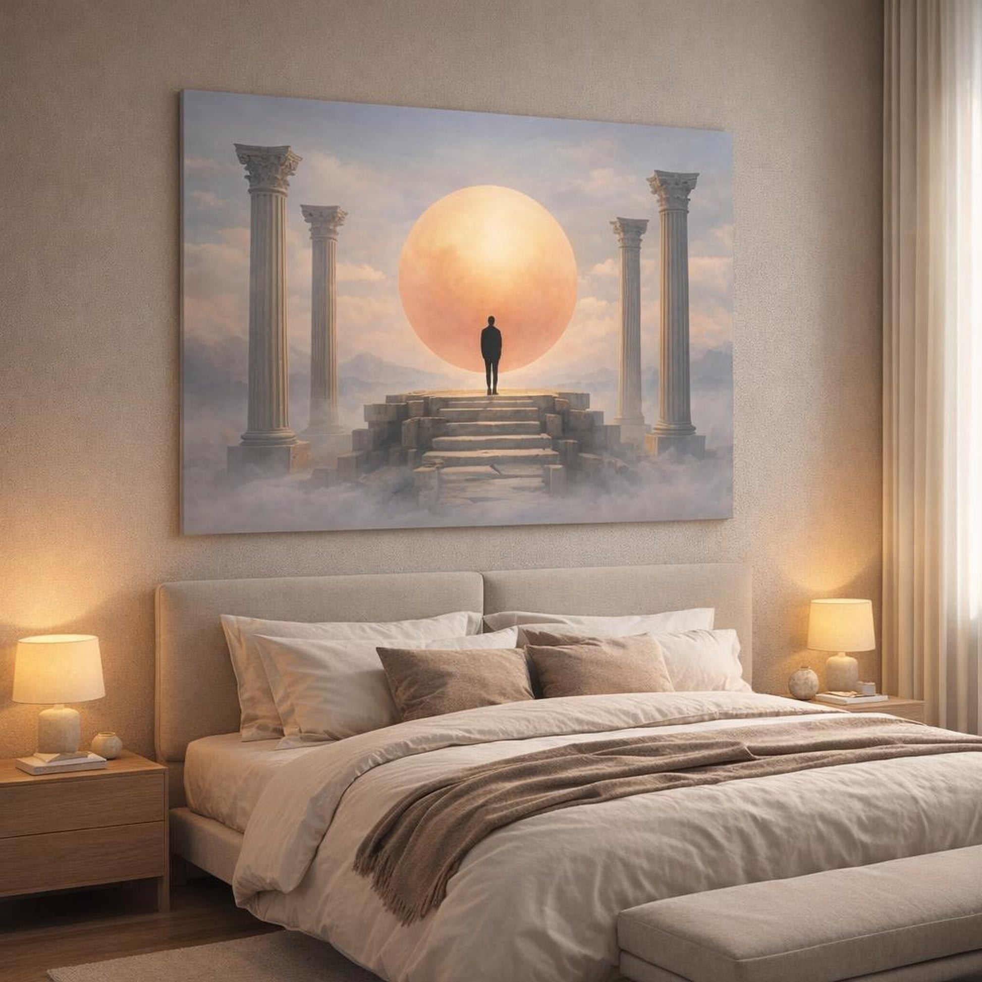 Soft Matte Roman Columns shown as canvas wall art in a luxury bedroom