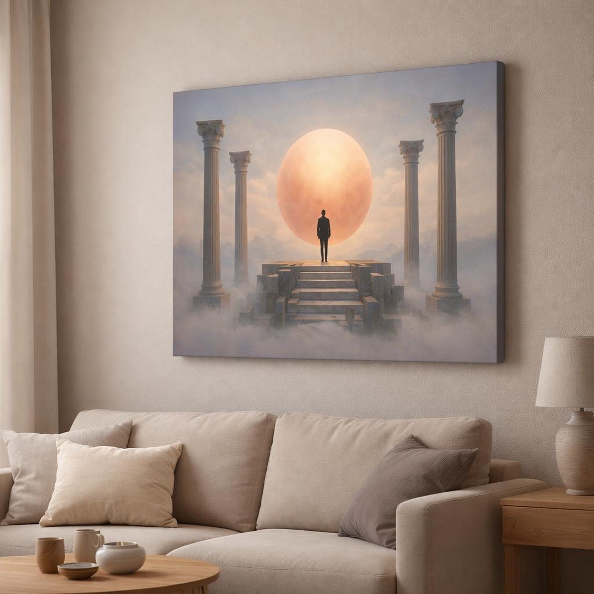 Soft Matte Roman Columns shown as canvas wall art in a modern living room