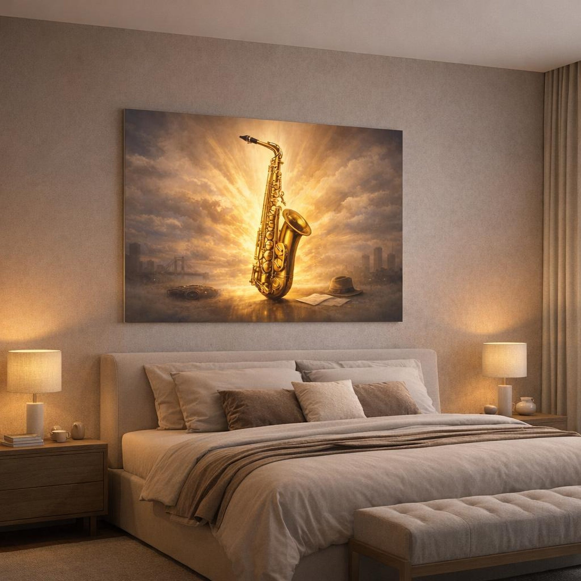 Soft Matte Saxophone shown as canvas wall art in a luxury bedroom