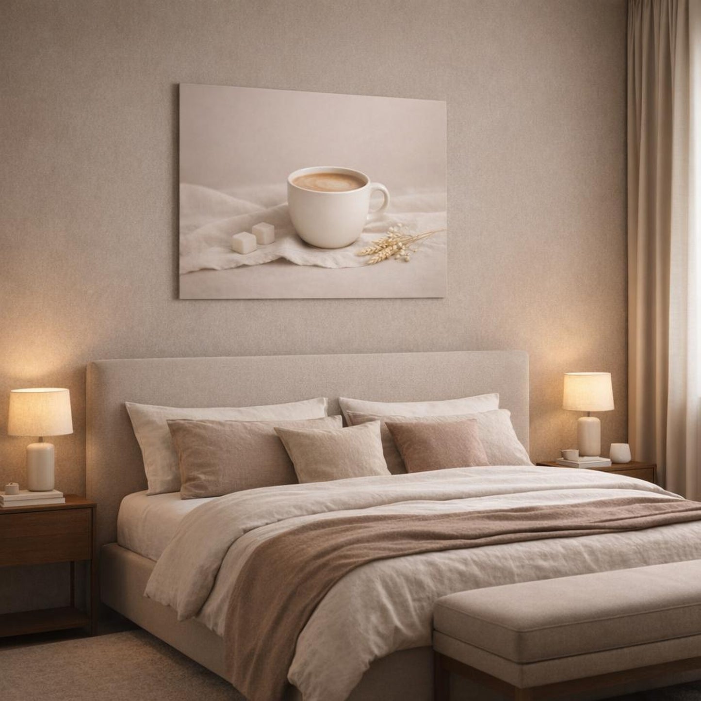 Soft Matte Taupe Texture shown as canvas wall art in a luxury bedroom