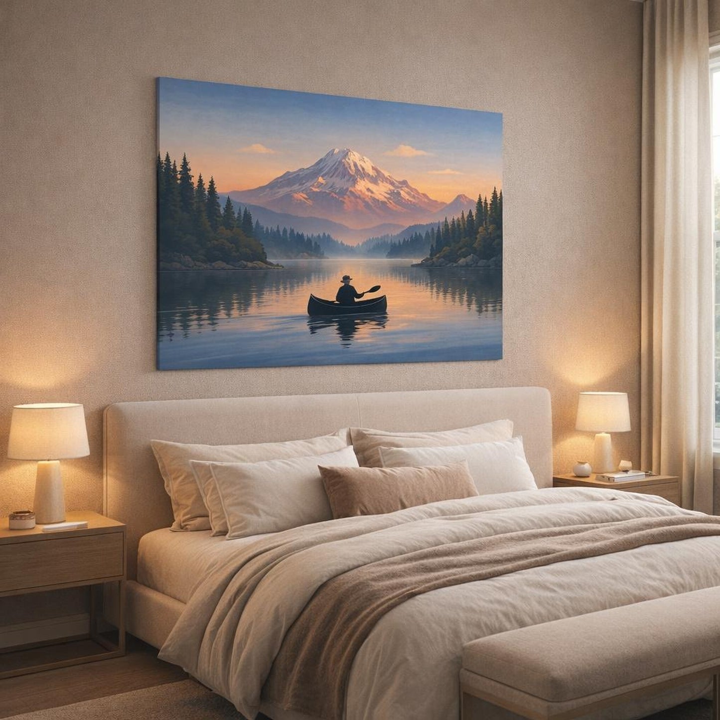 Soft Matte Travel Posters shown as canvas wall art in a luxury bedroom
