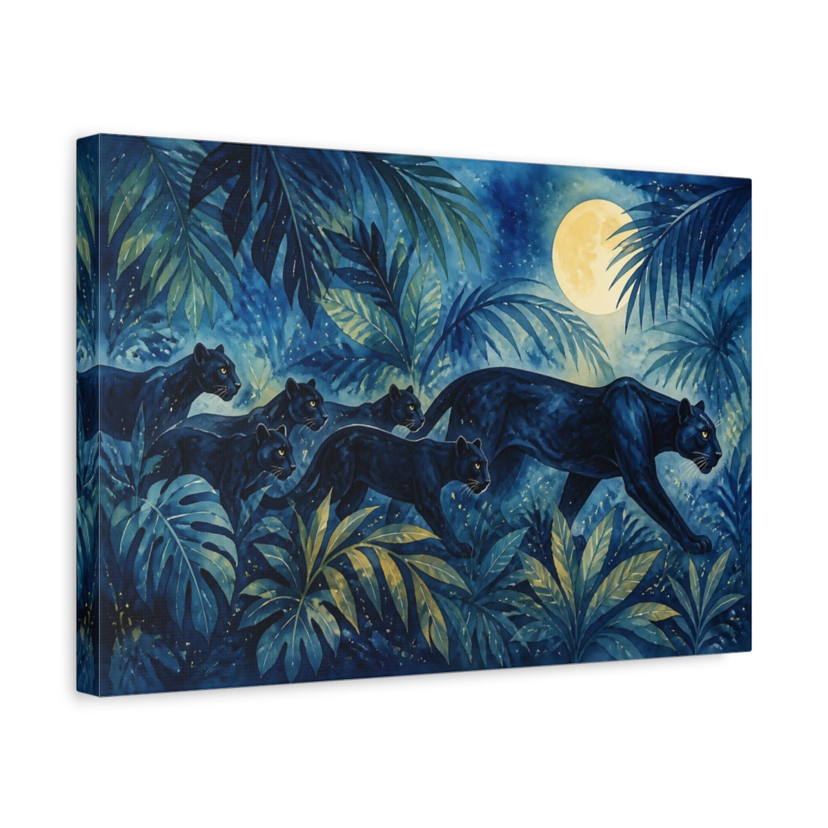 Side Mockup 4. Soft Nursery Watercolor Black Panther Beneath Moonlit Jungle Leaves shown as stretched canvas wall art