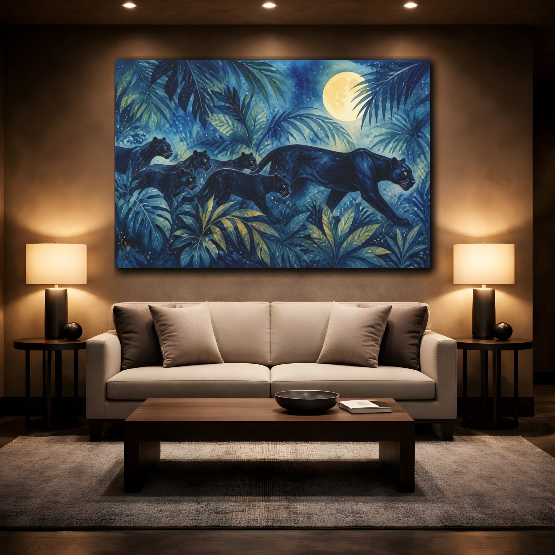 Mockup 2. Soft Nursery Watercolor Black Panther Beneath Moonlit Jungle Leaves shown as stretched canvas wall art