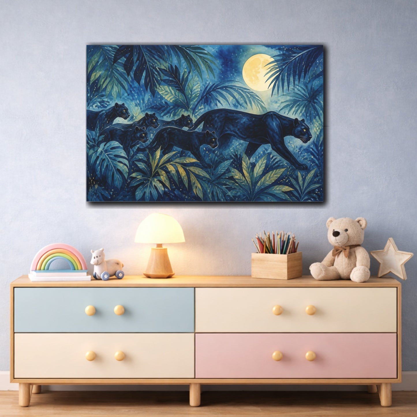 Mockup 3. Soft Nursery Watercolor Black Panther Beneath Moonlit Jungle Leaves shown as stretched canvas wall art