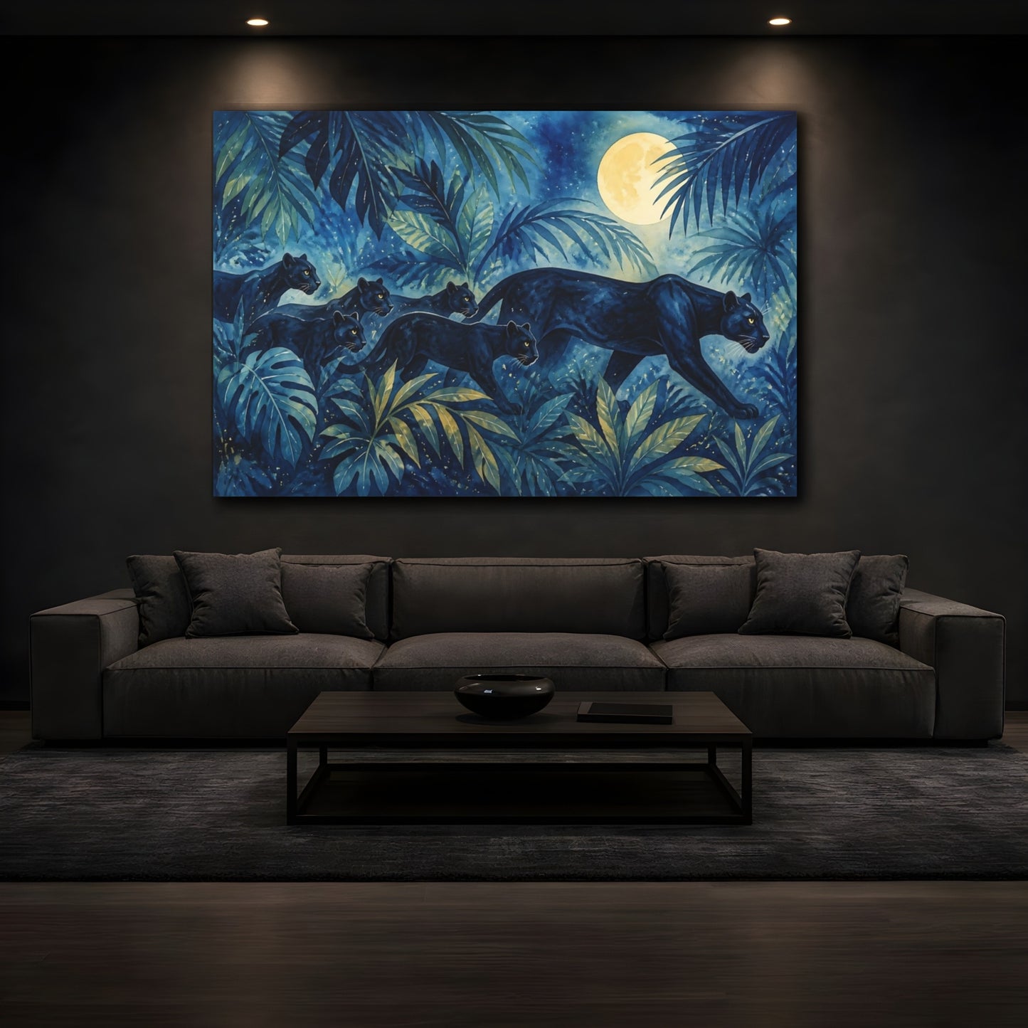 Mockup 4. Soft Nursery Watercolor Black Panther Beneath Moonlit Jungle Leaves shown as stretched canvas wall art